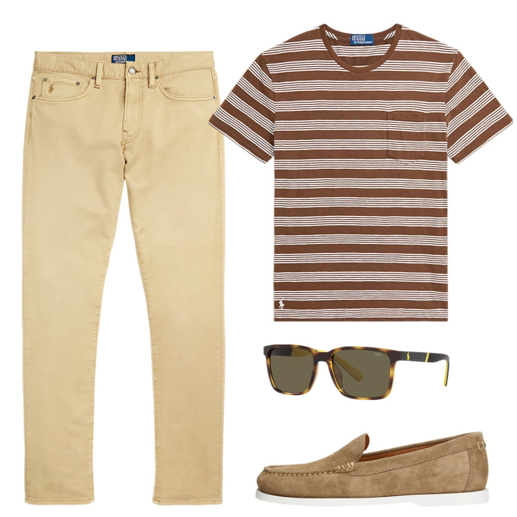 Outfit uomo - Righe per l\'estate. Stile Casual per Tutti i giorni. Abbinamento con scarpe stringate, occhiali da sole, pantaloni chino, t-shirt.