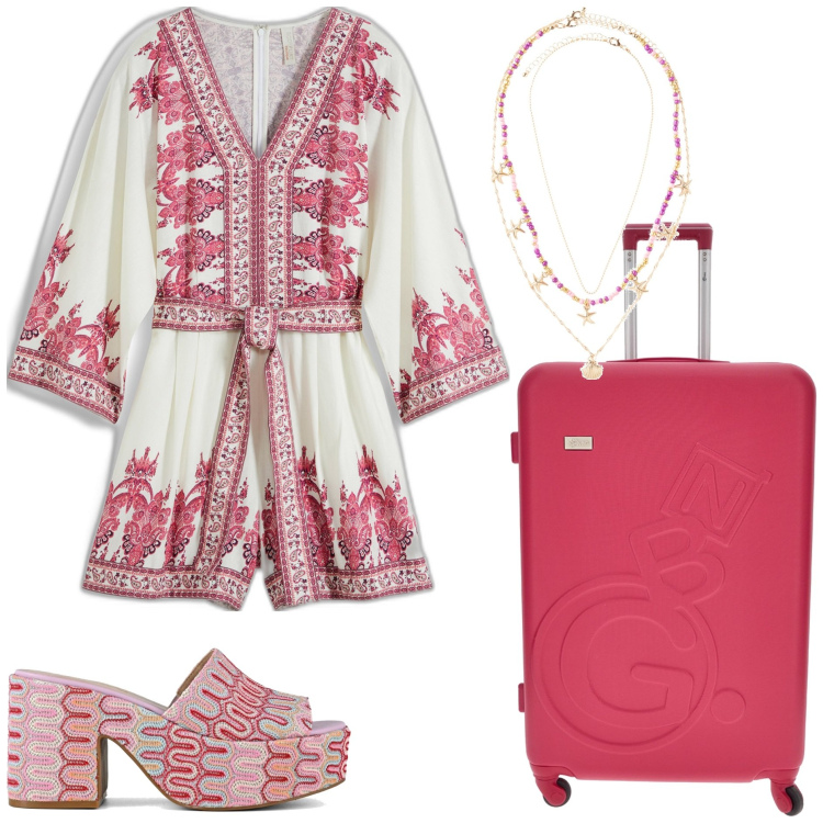 Outfit donna - La jumpsuite in lino. Stile Etnico per Tutti i giorni. Abbinamento con tute, ciondoli, sabot, valigie.