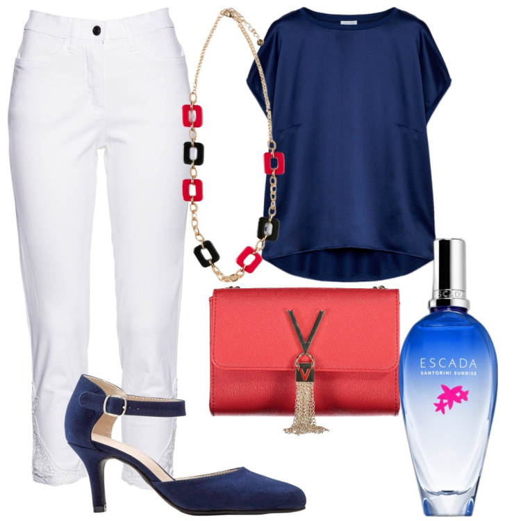 Outfit donna - Total look #1943510. Stile Casual chic per Tutti i giorni. Abbinamento con décolleté, jeans, profumi, bluse, ciondoli, borse a tracolla.