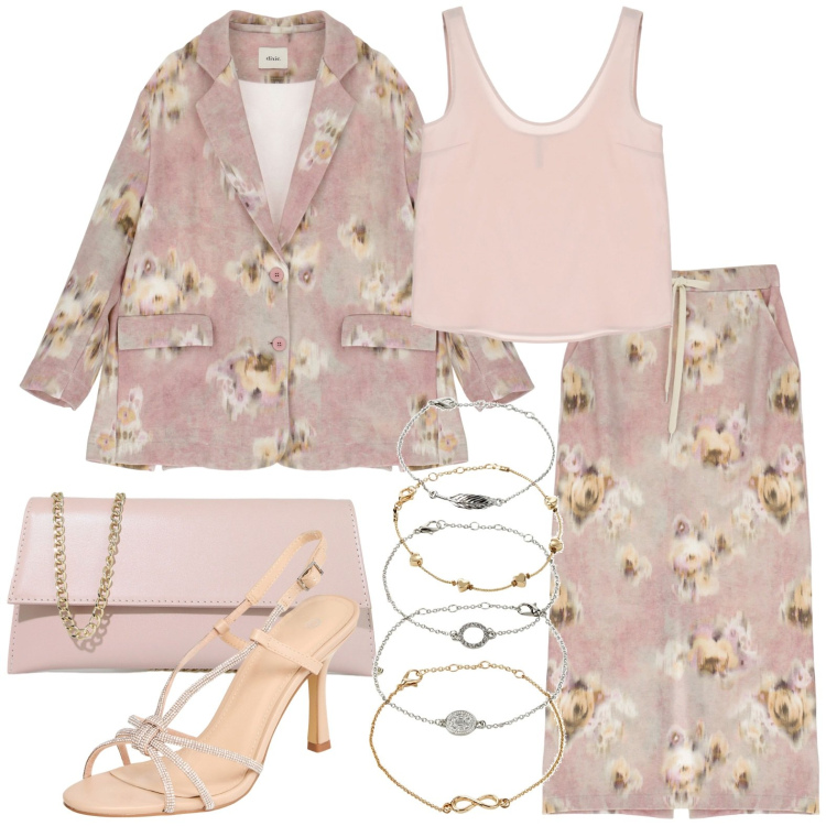 Outfit donna - Gonna lunga a fiori - incontro romantico. Stile Chic per Serata fuori. Abbinamento con braccialetti con ciondoli, sandali col tacco, canottiere, pochette, blazer, gonne lunghe.