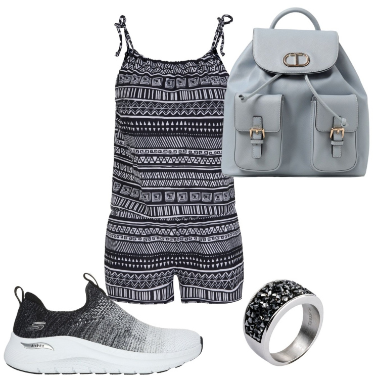 Outfit donna - In giro per la città 2. Stile Casual per Tutti i giorni. Abbinamento con anelli, tute, zaini, sneakers.