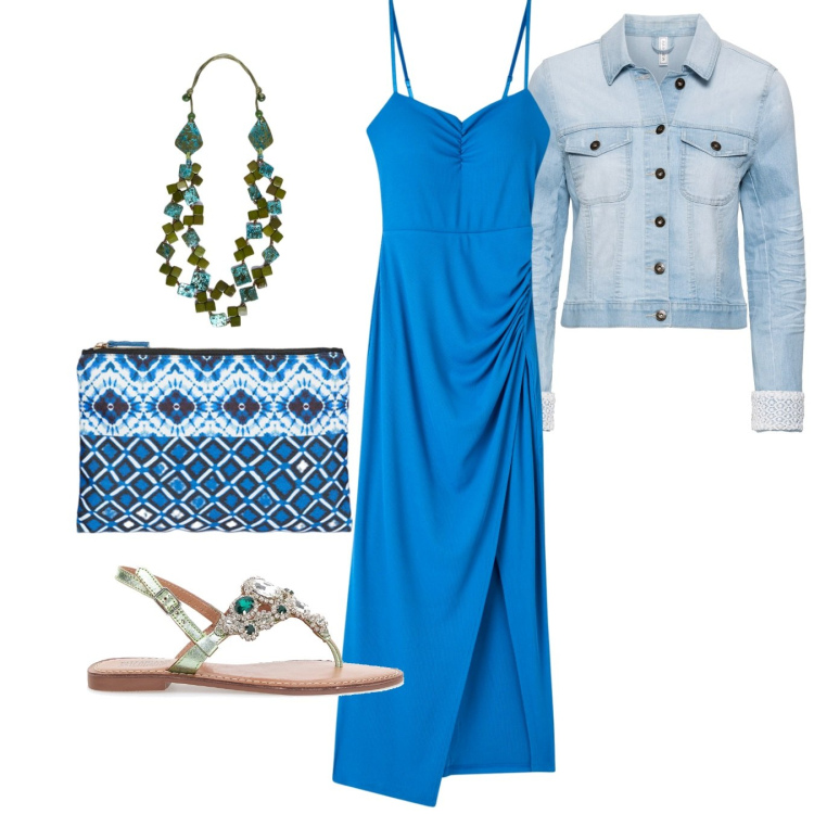 Outfit donna - Apricena on spiaggia. Stile Casual chic per Serata fuori. Abbinamento con blazer, vestiti lunghi, sandali gioiello, pochette, collane.