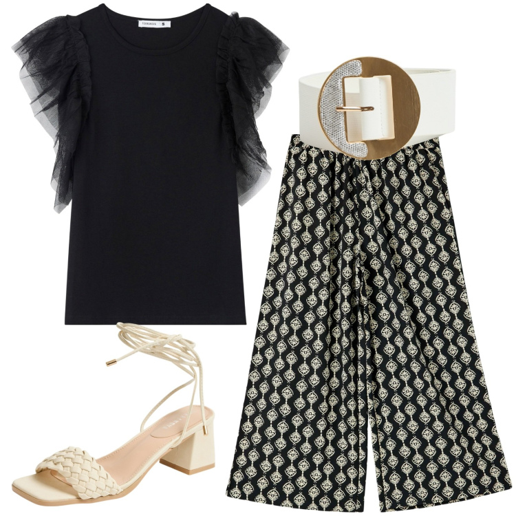 Outfit donna - Real life. Stile Bon Ton per Serata fuori. Abbinamento con t-shirt, pantaloni a palazzo, cinture, sandali alla schiava.