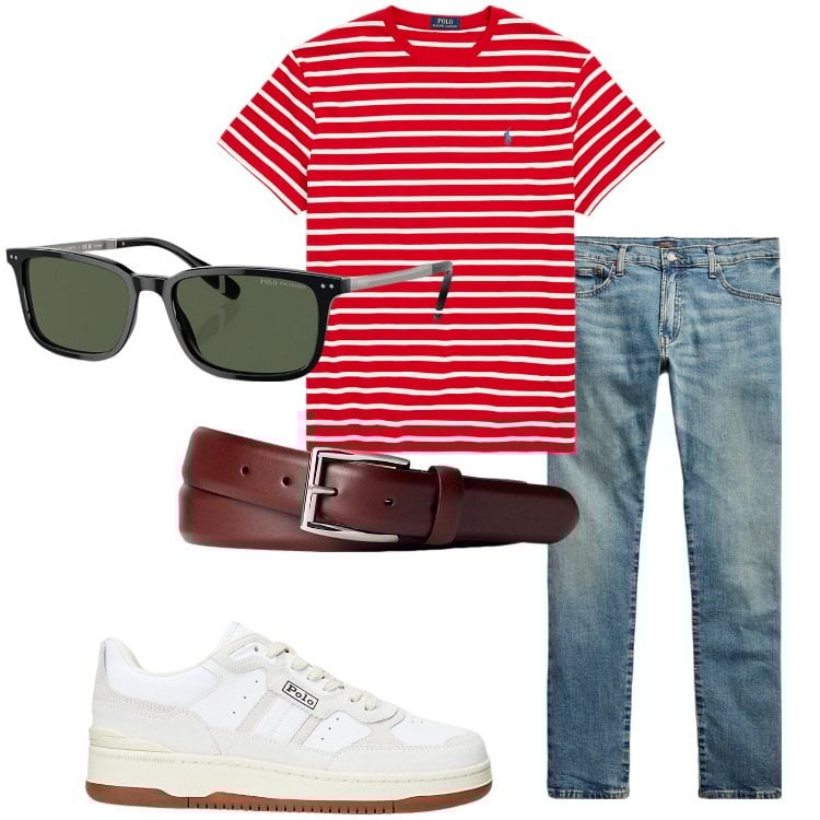 Outfit uomo - La t-shirt a righe. Stile Casual per Tutti i giorni. Abbinamento con jeans, occhiali da sole, cinture, t-shirt, sneakers.