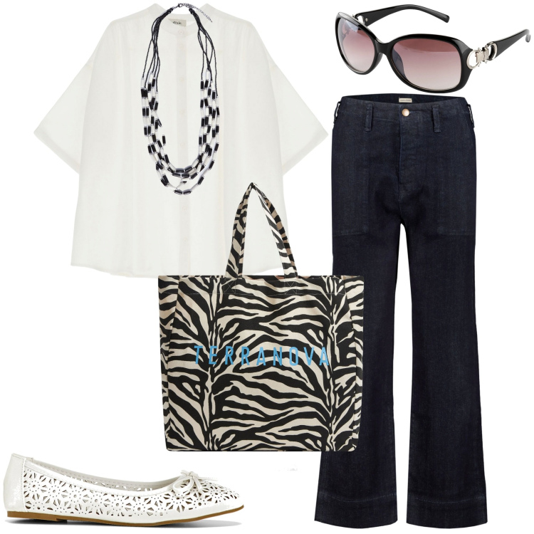 Outfit donna - Ritorno in città. Stile Casual per Tutti i giorni. Abbinamento con ballerine, occhiali da sole, borse tote, camicie, jeans dritti, collane.