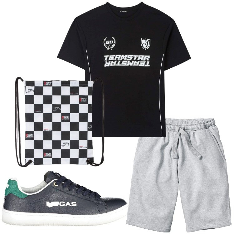 Outfit uomo - Sport in palestra. Stile Casual per Sport. Abbinamento con bermuda, borse sportive, t-shirt sportive, scarpe sportive.