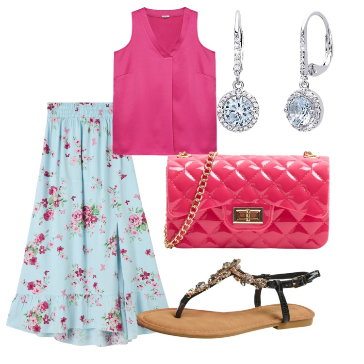 Outfit donna - Look romantico. Stile Casual chic per Serata fuori. Abbinamento con borse a tracolla, gonne lunghe, sandali gioiello, orecchini, top.
