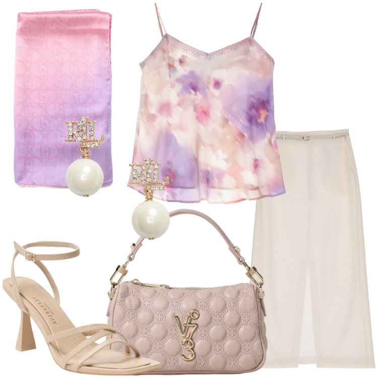 Outfit donna - Gonne lunghe e fiori. Stile Romantica per Cerimonia. Abbinamento con sandali col tacco, canottiere, gonne longuette, orecchini, sciarpe, borse a mano.