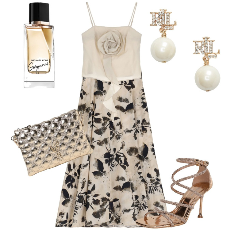 Outfit donna - Fiori sulla gonna. Stile Romantica per Cerimonia. Abbinamento con profumi, sandali col tacco, top, gonne lunghe, orecchini, borse a tracolla.