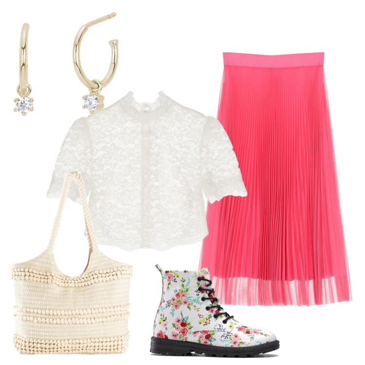Outfit donna - Gli originali stivaletti fiorati... Stile Casual chic per Tutti i giorni. Abbinamento con shopping bag, stivaletti, orecchini, gonne longuette, camicie a manica corta.