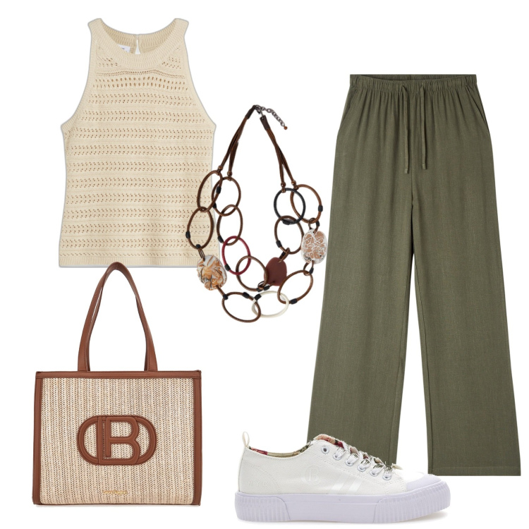 Outfit donna - In Lino. Stile Casual per Tutti i giorni. Abbinamento con top, pantaloni, collane, sneakers, borse a spalla.
