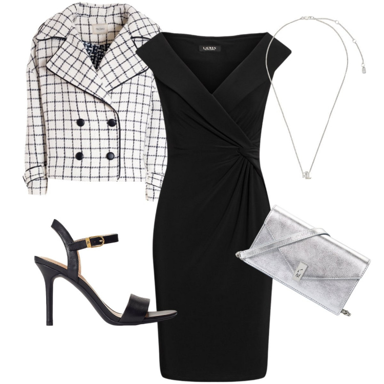 Outfit donna - Il blazer a quadri. Stile Bon Ton per Serata fuori. Abbinamento con blazer, sandali in pelle, ciondoli, vestiti, clutch.