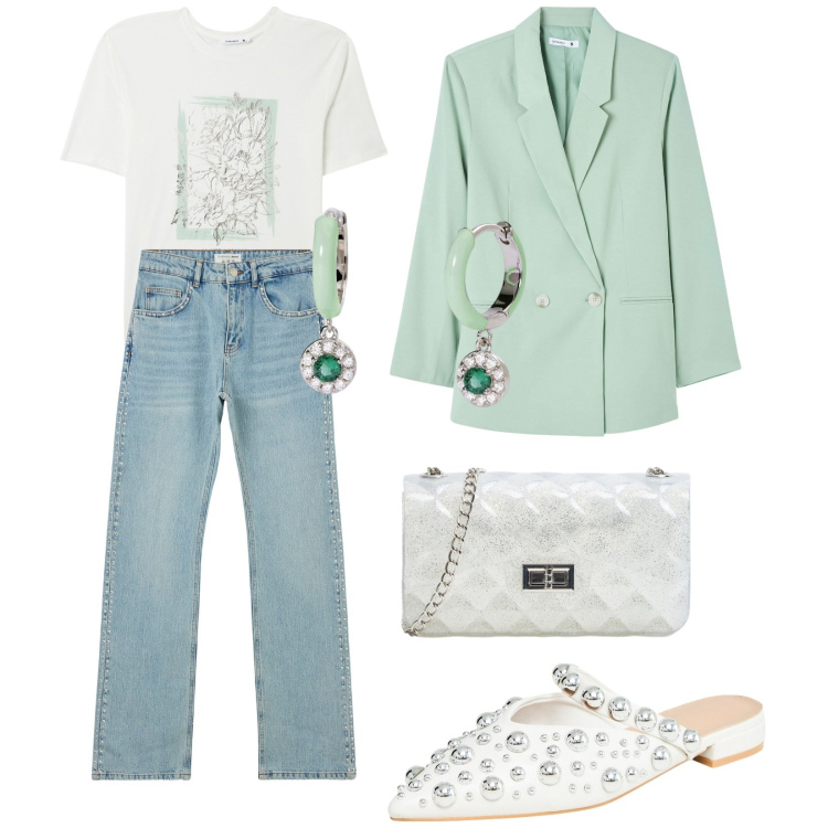 Outfit donna - Terranova back to. Stile Casual per Ufficio. Abbinamento con borse a tracolla, blazer, t-shirt, jeans slim fit, ballerine, orecchini.