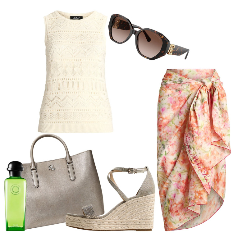 Outfit donna - Total look #1943695. Stile Casual chic per Mare. look ideale per Tall. Abbinamento con profumi, gonne, occhiali da sole, borse a mano, maglieria, sandali.
