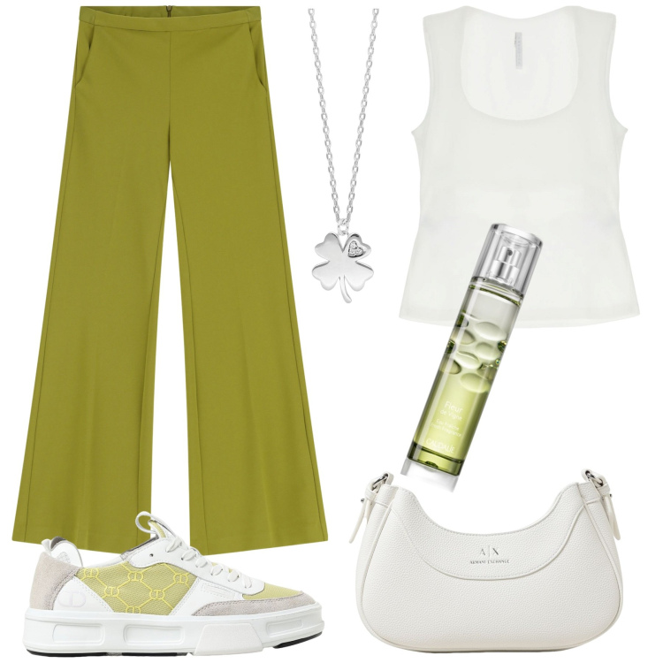 Outfit donna - Abbinamento perfetto. Stile Casual per Tutti i giorni. Abbinamento con profumi, collane, pantaloni, top, borse a tracolla, sneakers.
