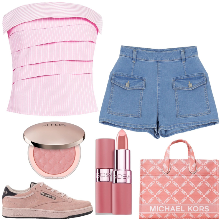 Outfit donna - Barbie girl. Stile Casual per Tutti i giorni. Abbinamento con blush, rossetti, shorts, top, sneakers, borse tote.