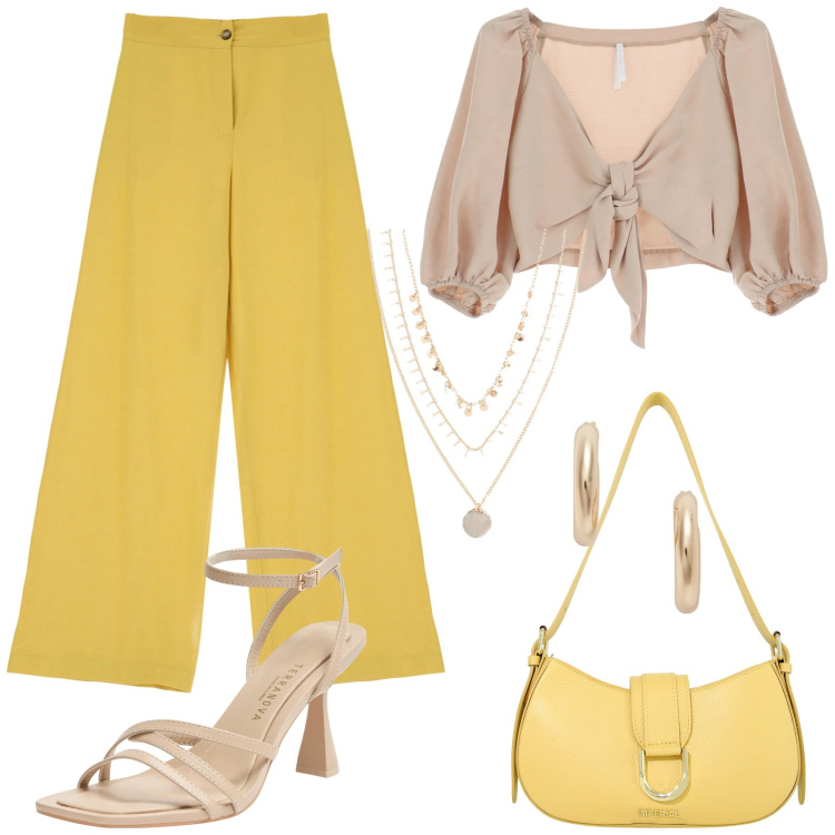 Outfit donna - Serata fuori al mare. Stile Glamour per Serata fuori. Abbinamento con collane, sandali col tacco, borse a spalla, top, pantaloni a palazzo, orecchini.