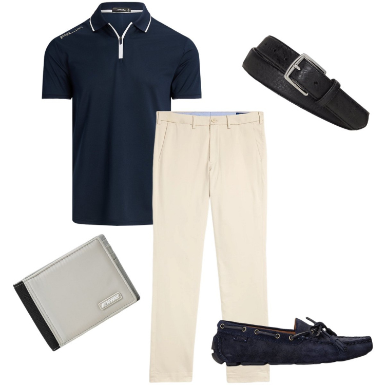 Outfit uomo - Contrasti. Stile Business/Elegante per Serata speciale. Abbinamento con scarpe stringate, pantaloni chino, cinture, polo, portafogli.