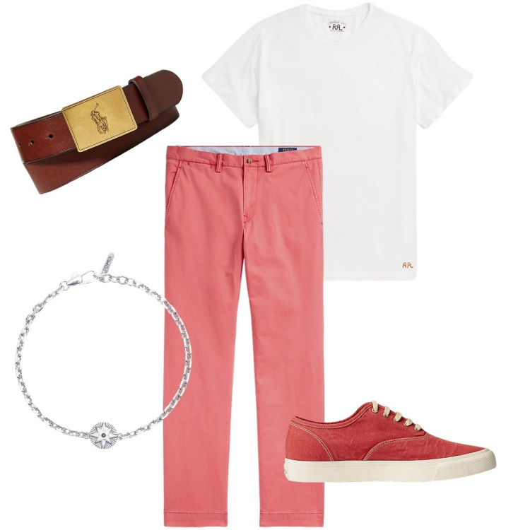 Outfit uomo - I pantaloni colorati. Stile Casual per Tutti i giorni. Abbinamento con braccialetti, t-shirt, sneakers, pantaloni, cinture.