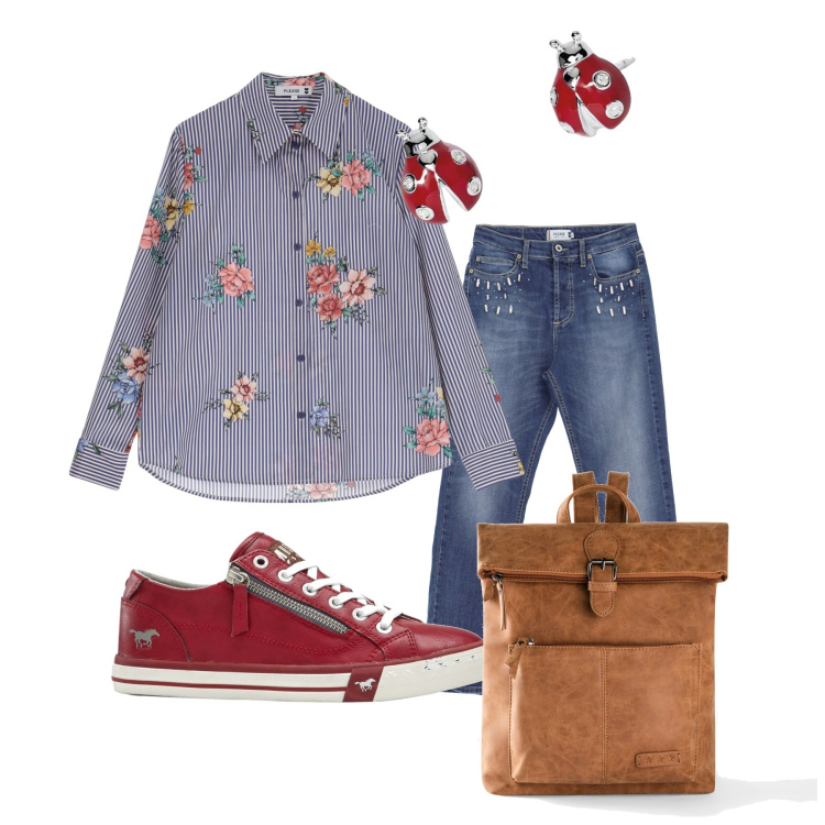 Outfit donna - Le coccinelle. Stile Casual per Tutti i giorni. Abbinamento con zaini, sneakers, orecchini, jeans slim fit, camicie.