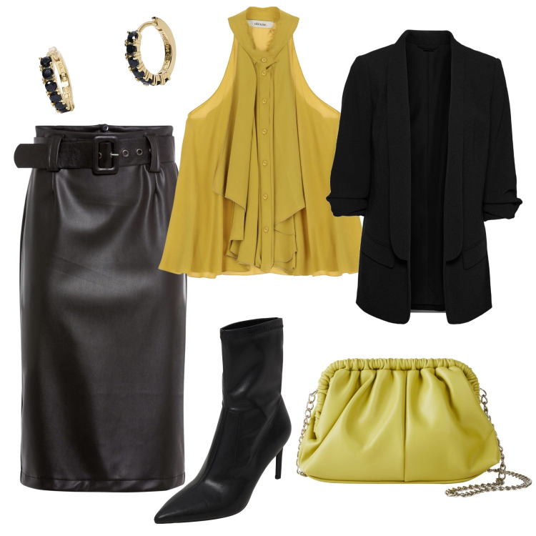 Outfit donna - Elegantemente accattivante !. Stile Chic per Serata fuori. Abbinamento con blazer, gonne longuette, borse a tracolla, stivaletti, orecchini, top.