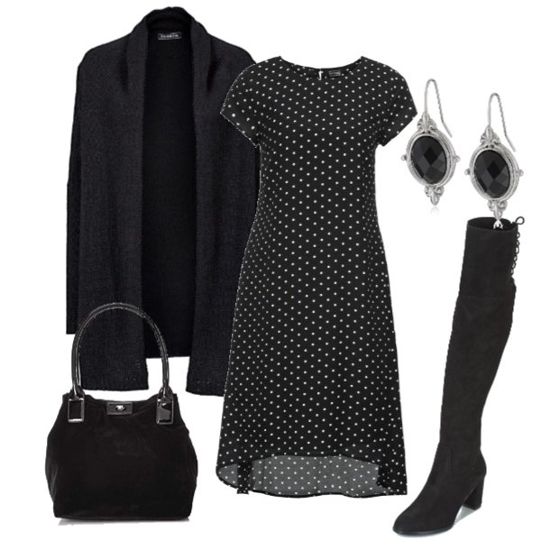 Outfit donna - Vestitino a pois. Stile Bon Ton per Tutti i giorni. Abbinamento con cardigans, vestito fantasia a maniche corte nero, stivali sulla coscia nero, shopping bag nero, orecchini forma ovale nero.