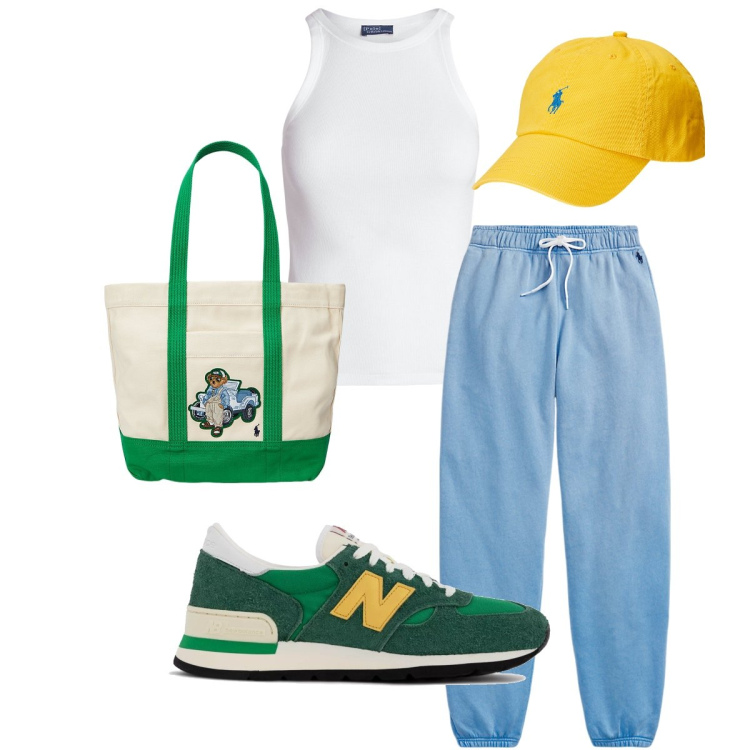 Outfit donna - In tuta e sneakers. Stile Casual per Sport. Abbinamento con sneakers, canottiere, cappelli, borse tote, pantaloni sportivi.