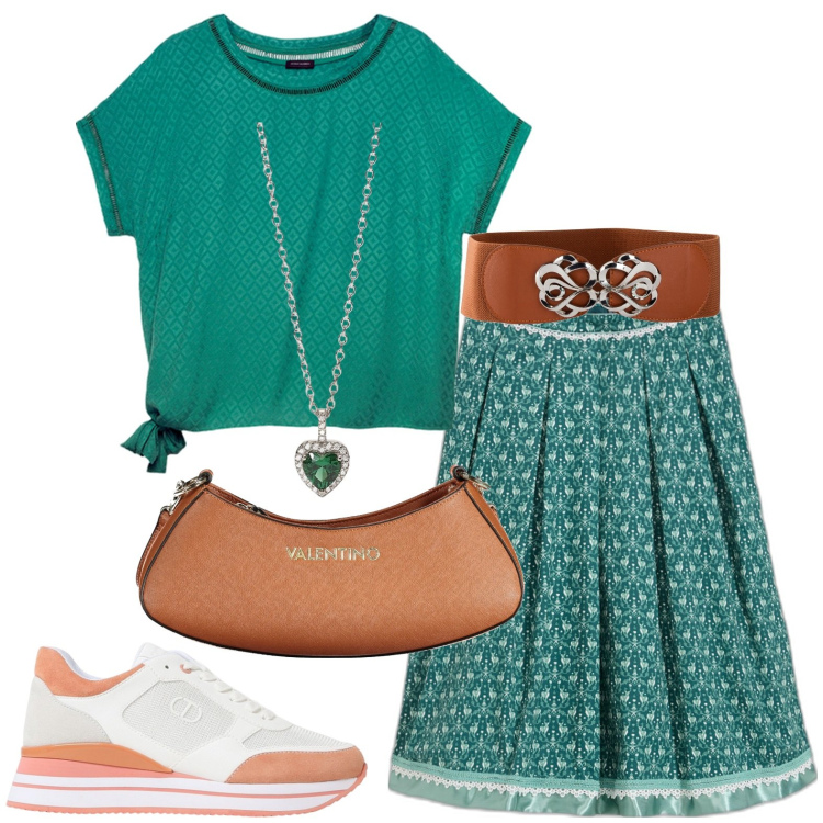 Outfit donna - Total look #1943809. Stile Romantica per Tutti i giorni. Abbinamento con cinture, gonne longuette, ciondoli, bluse, sneakers, borse a spalla.