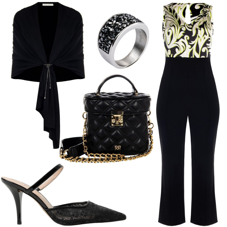 Outfit donna - Donna Curvy Italy. Stile Chic per Cerimonia. Abbinamento con anelli, tute, stole, borse a mano, scarpe col tacco.