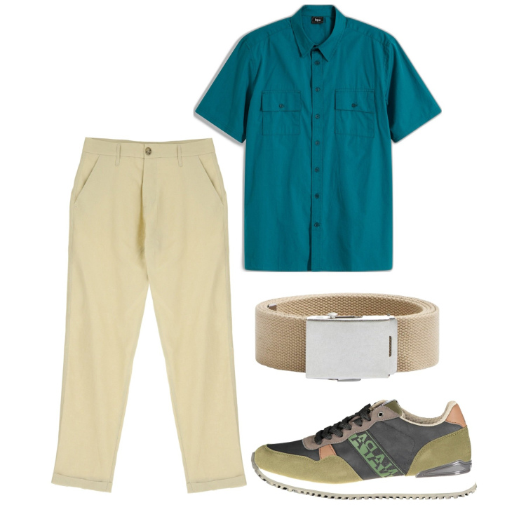 Outfit uomo - Sgargiante. Stile Casual per Tutti i giorni. Abbinamento con camicie a manica corta, cinture, pantaloni, scarpe sportive.