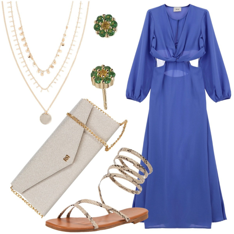 Outfit donna - Apericena sulla spiaggia. Stile Boho per Serata fuori. Abbinamento con collane, sandali, orecchini, pochette, vestiti.