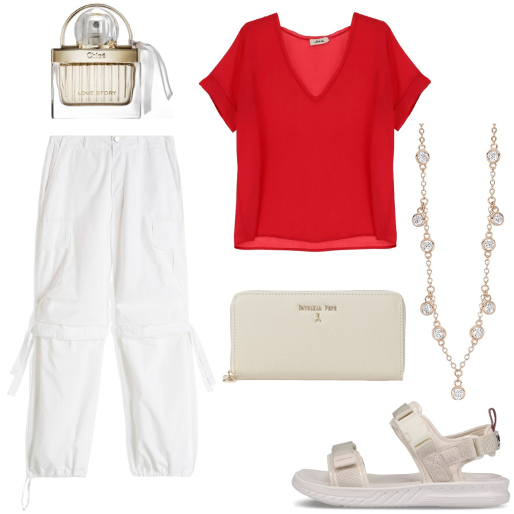 Outfit donna - Pantaloni cargo bianchi. Stile Basic per Tutti i giorni. Abbinamento con profumi, collane, sandali, pantaloni cargo, bluse, portafogli.