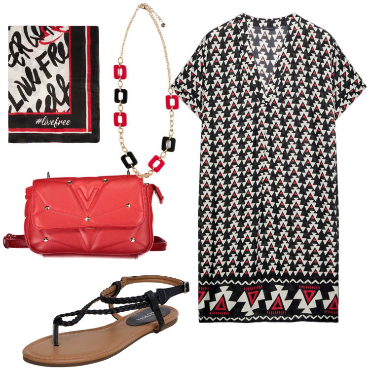 Outfit donna - Total look #1943850. Stile Casual per Tutti i giorni. Abbinamento con ciabatte, vestiti midi/longuette, borse a tracolla, ciondoli, foulard.