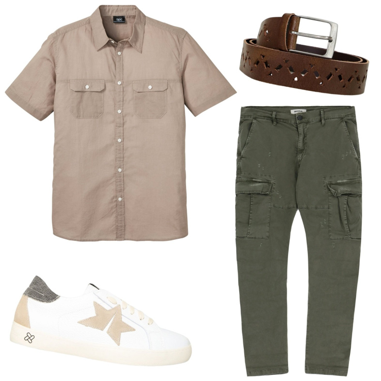 Outfit uomo - Easy. Stile Casual per Tutti i giorni. Abbinamento con camicie a manica corta, sneakers, cinture, pantaloni cargo.