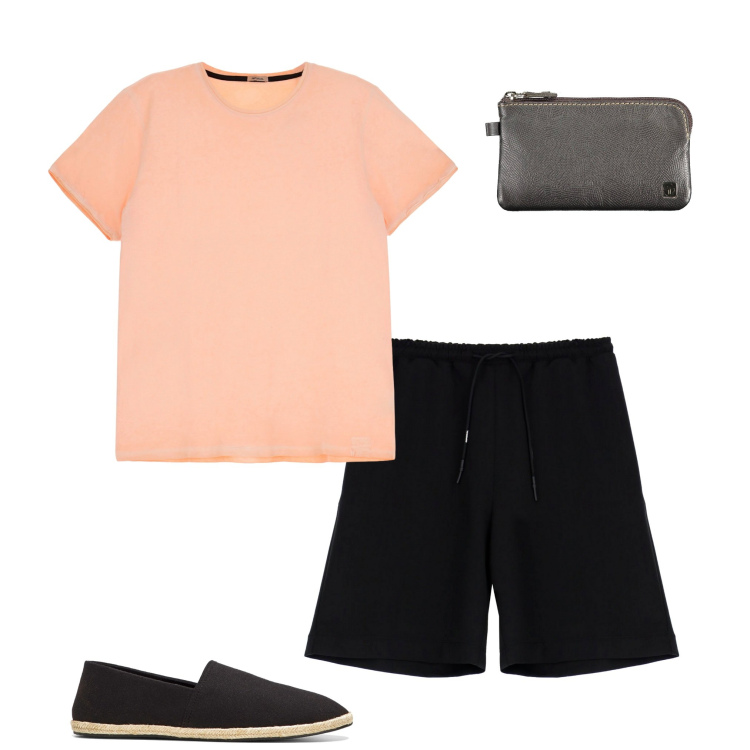 Outfit uomo - In vacanza. Stile Casual per Mare. Abbinamento con espadrillas, bermuda, t-shirt, portafogli.