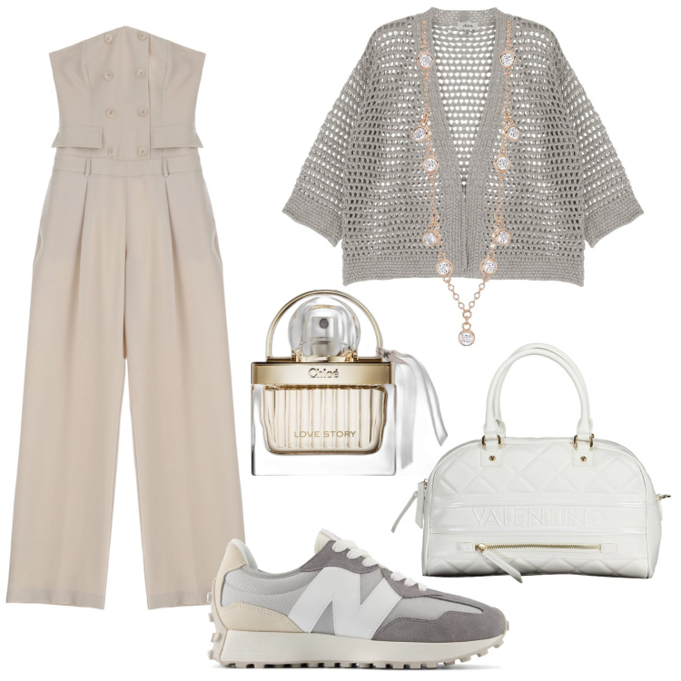Outfit donna - La jumpsuite con il cardigan traforato. Stile Sporty chic per Ufficio. Abbinamento con profumi, collane, sneakers, tute, cardigans, borse a spalla.
