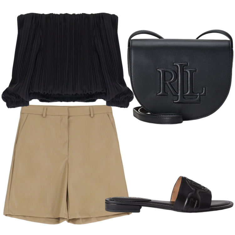 Outfit donna - Aperitivo. Stile Trendy per Tutti i giorni. Abbinamento con shorts, top, borse a tracolla, sandali in pelle.