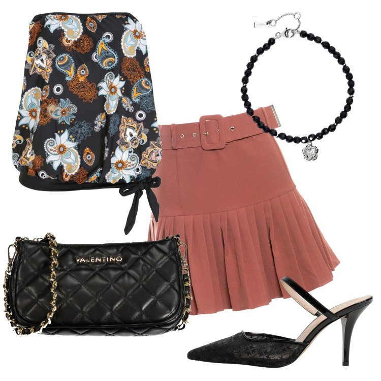 Outfit donna - Flower power. Stile Casual Abbinamento con top, braccialetti, minigonne, scarpe col tacco, borse a spalla.