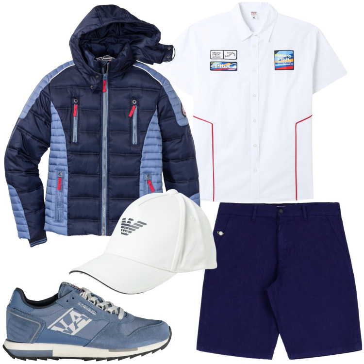 Outfit uomo - Blu navy - mare calmo. Stile Trendy per Mare. Abbinamento con giacche, camicie a manica corta, bermuda, sneakers, cappelli.