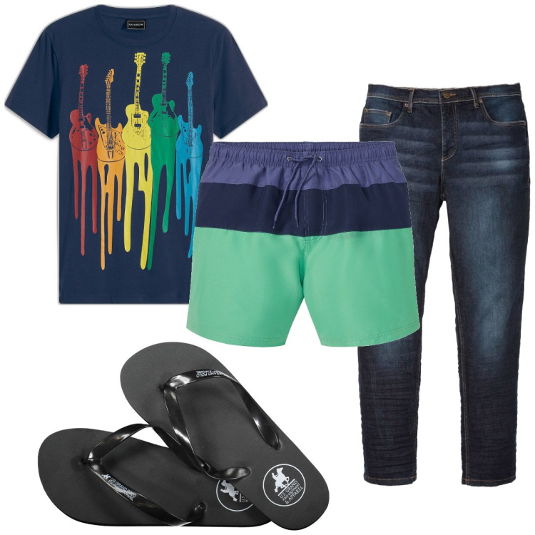 Outfit uomo - Total look #1943921. Stile Trendy per Mare. Abbinamento con jeans slim fit, t-shirt, costumi, sandali.