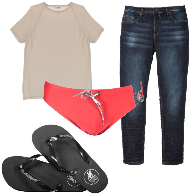 Outfit uomo - Total look #1943922. Stile Trendy per Mare. Abbinamento con jeans slim fit, t-shirt, sandali, costumi.