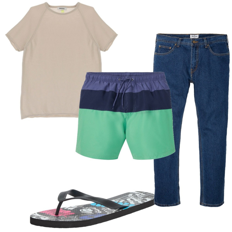 Outfit uomo - Total look #1943923. Stile Trendy per Mare. Abbinamento con jeans dritti, costumi, sandali, t-shirt.