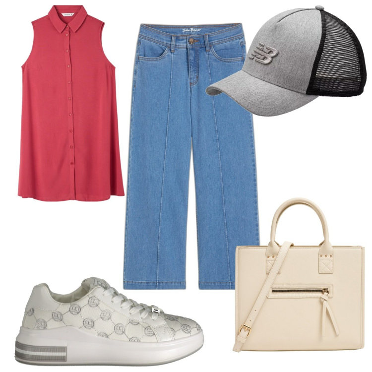 Outfit donna - Stile casual con i jeans. Stile Casual per Tutti i giorni. Abbinamento con jeans, camicie, shopping bag, cappelli con visiera, sneakers.
