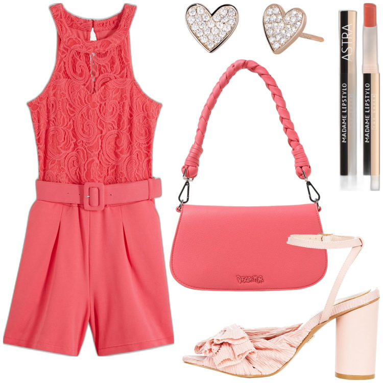 Outfit donna - Tuta corallo. Stile Trendy per Serata fuori. Abbinamento con tute, rossetti, orecchini, sandali col tacco, borse a spalla.