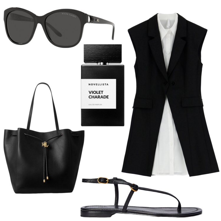 Outfit donna - Trendy per l\' estate. Stile Trendy per Tutti i giorni. Abbinamento con profumi, vestiti senza maniche, sandali in pelle, occhiali da sole, borse tote.