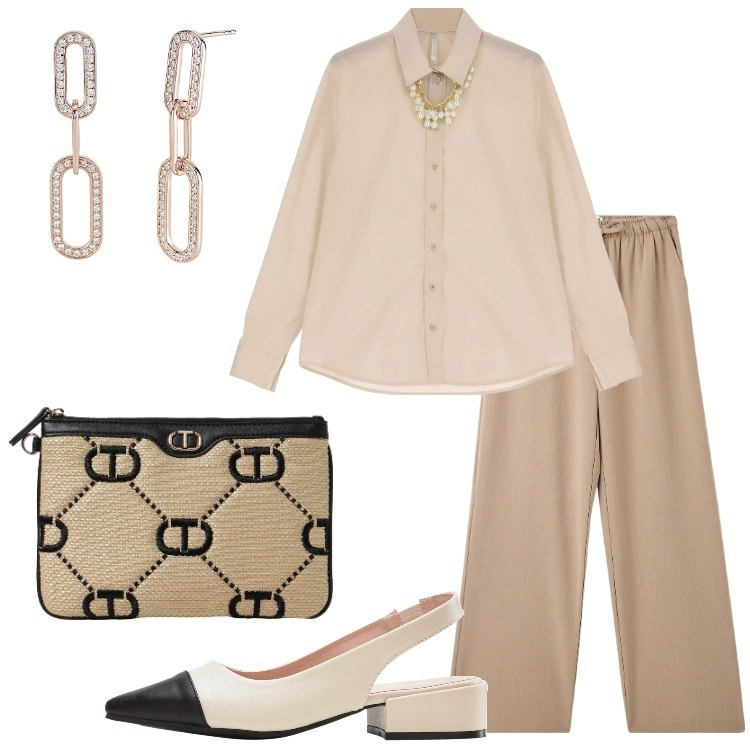 Outfit donna - Neutri Bon Ton. Stile Bon Ton per Ufficio. Abbinamento con décolleté, pantaloni, orecchini, camicie, clutch.