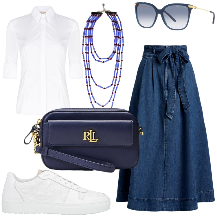 Outfit donna - Trendy per l\' estate. Stile Trendy per Tutti i giorni. Abbinamento con sneakers, camicie, pochette, gonne, occhiali da sole, collane.