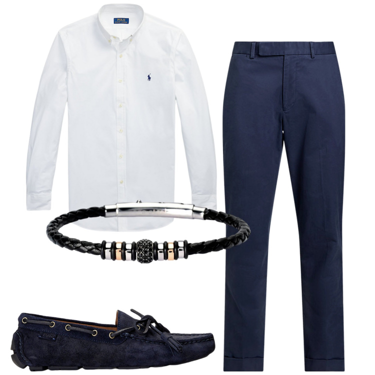 Outfit uomo - Cena sul mare. Stile Trendy per Serata speciale. Abbinamento con braccialetti, scarpe stringate, camicie, pantaloni chino.