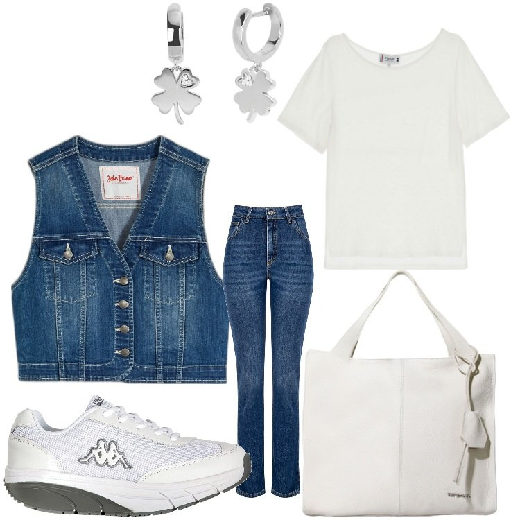 Outfit donna - Denim. Stile Casual per Tutti i giorni. Abbinamento con gilet, sneakers, orecchini, jeans dritti, t-shirt, borse a spalla.