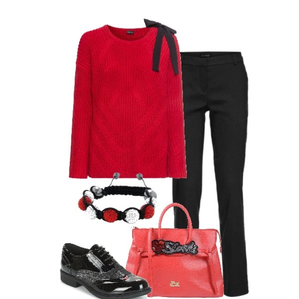 Outfit donna - Il maglioncino rosso. Stile Basic per Tutti i giorni. Abbinamento con pantaloni, pullover con fiocco lavorato a maglia con scollo rosso e corda, borsa a mano maxi con paillettes e zip interno foderato in pelle sintetica tinta unita, scarpe nero, bracciale.